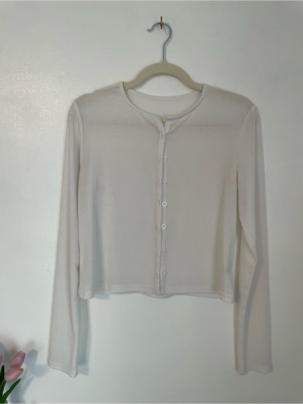 White semi sheer button up fitted cardigan xl